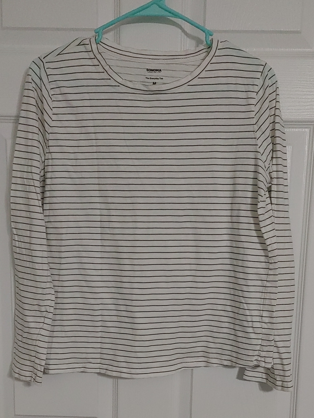 Sonoma Everyday Tee White Long-Sleeve with Black Stripes Women's Medium